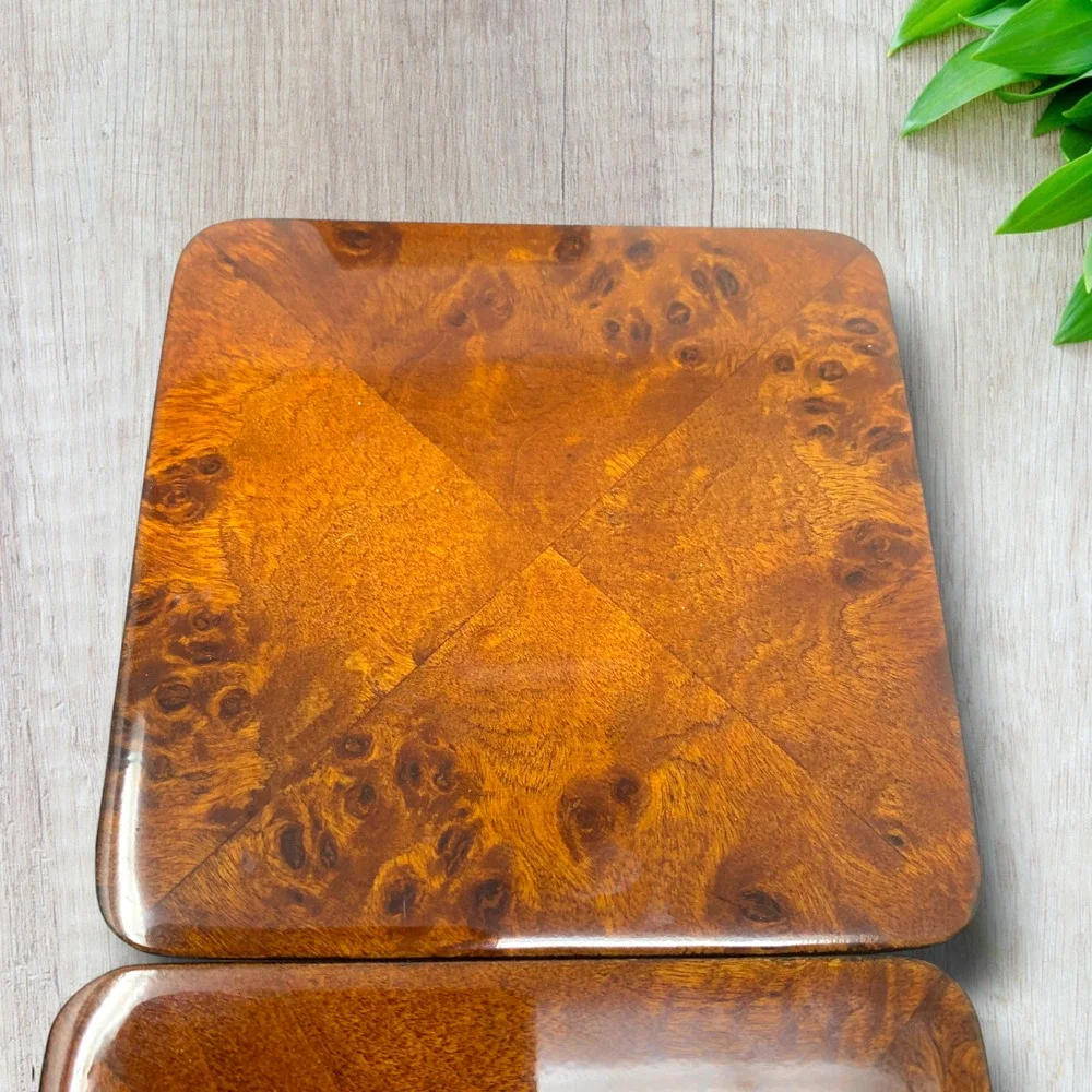 Vintage Bombay Company Wood Veneer Coasters Holder Set 4 Bookmatched Felt Back